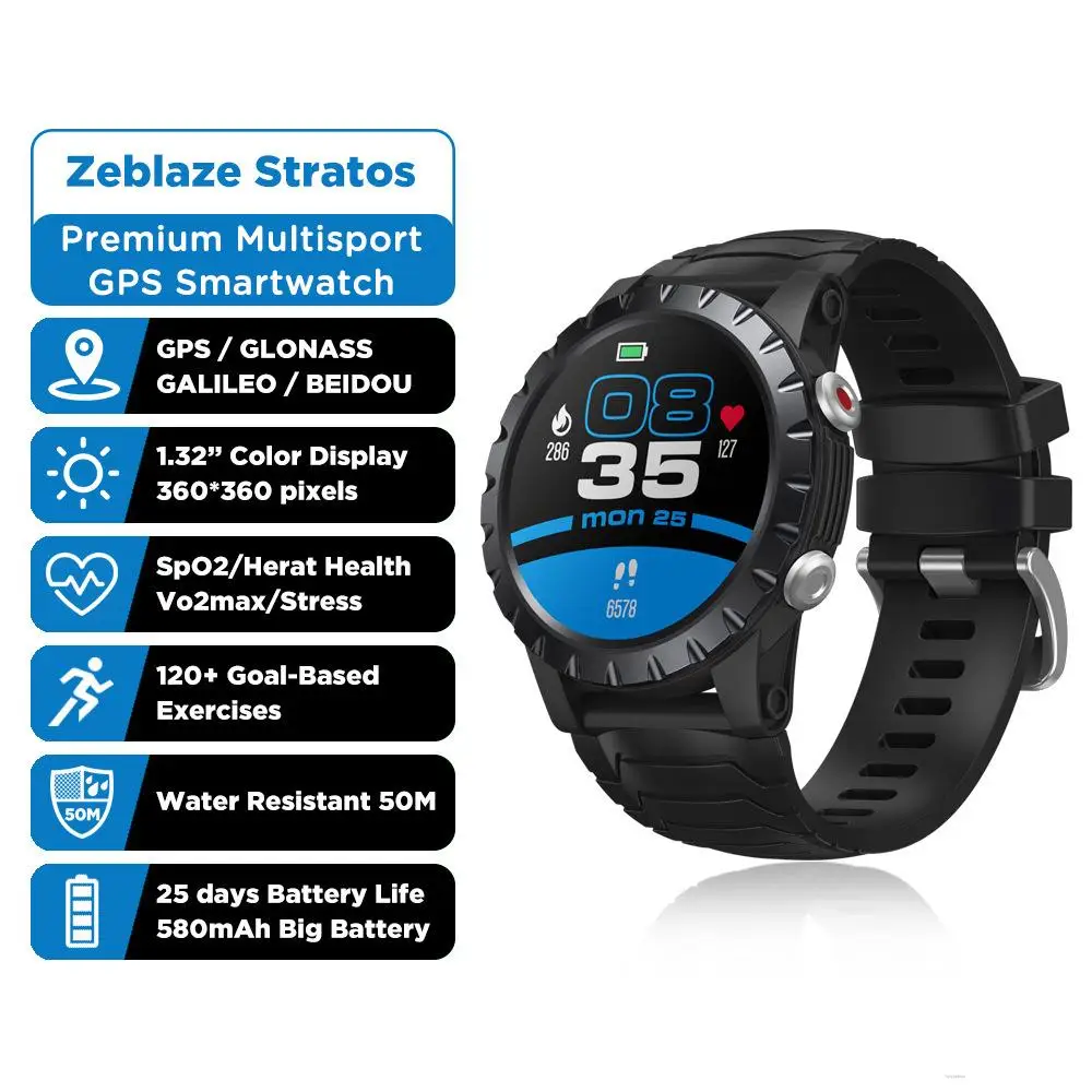 Новые смарт-часы Zeblaze Stratos GPS/GLONASS/Galileo/Beidou WR50M 120 + спортивные режимы SpO2/сердечное