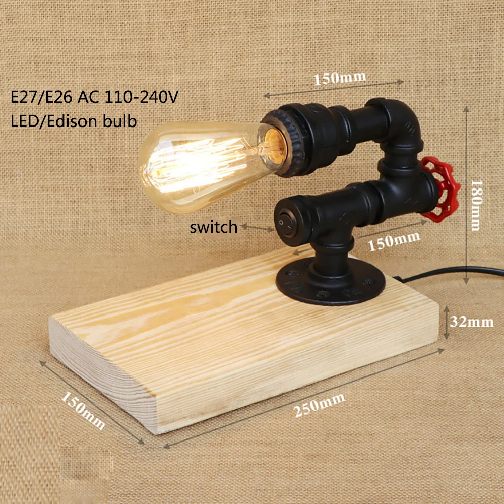 Винтажная настольная ретро лампа в стиле стимпанк железная деревянная Черная с