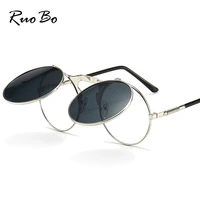 ruobo steampunk round flip sunglasses brand vintage design metal frame sun glasses for men women circular shades gafas oculos