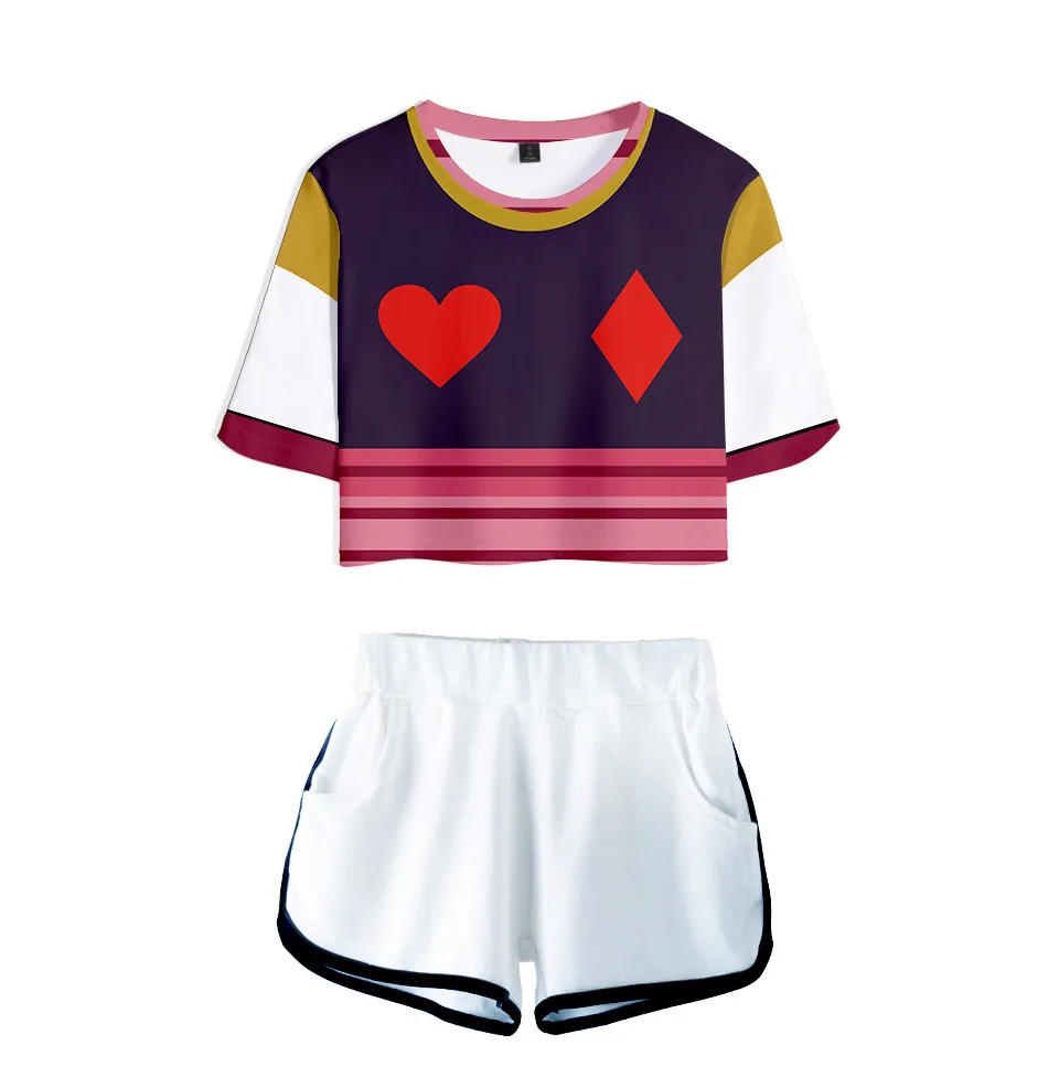 

New Sexy Killua Zoldyck HIsoka Cosplay Two Pieces sets Hunter X Hunter T-shirts shorts Pants Dew navel Sports Girls summer Suits