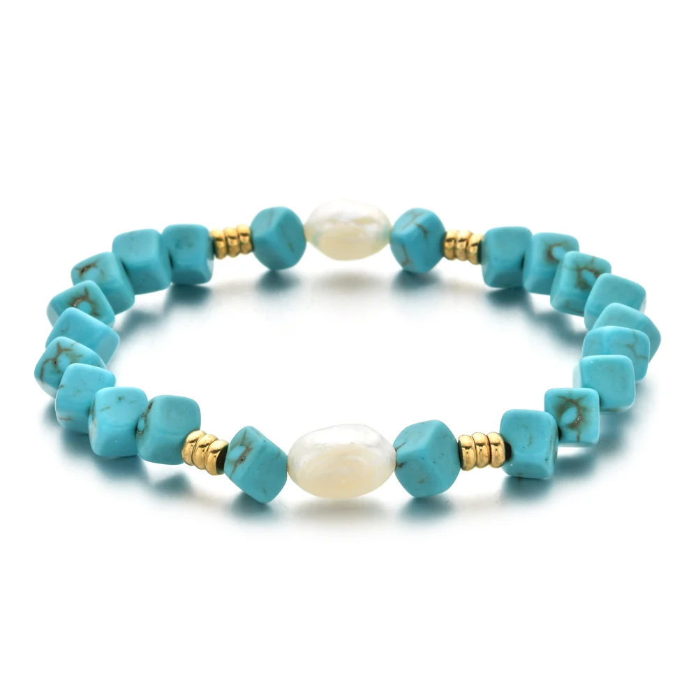 

Браслеты с жемчужными бусинами для женщин, браслет с квадратными БИРЮЗОВЫМИ камнями, браслет на руку для йоги, медитации, модный дизайн