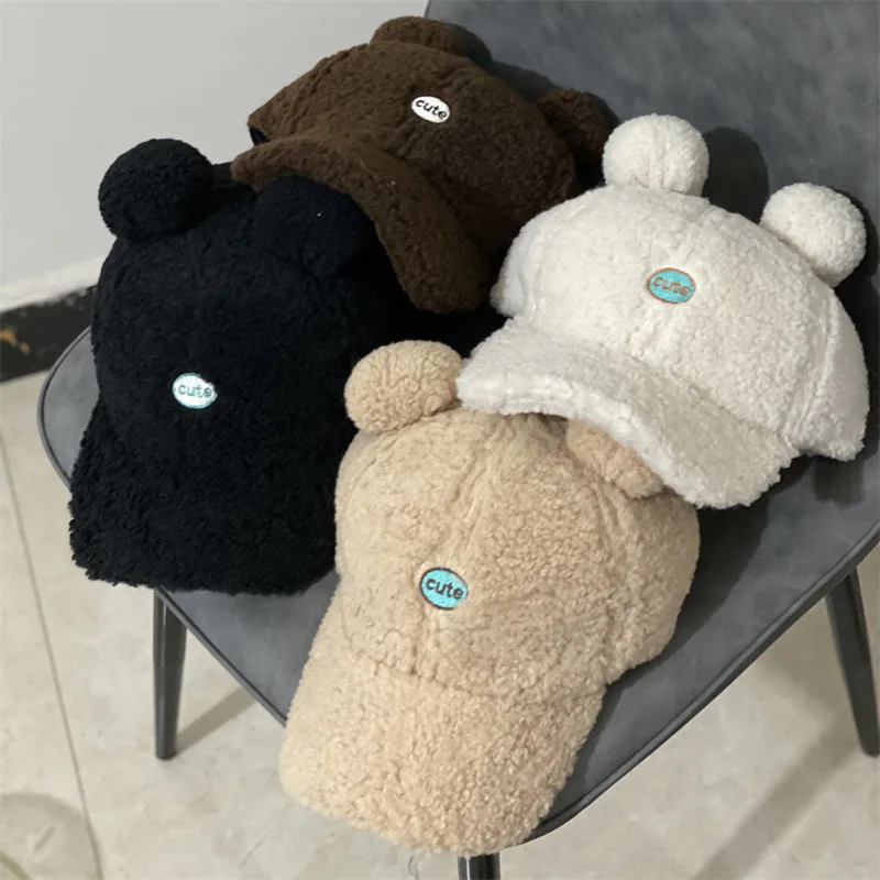 

Latest Winter Cute Korean Version of the Cap Lamb Wool Bear Ears Baseball Cap All-match Fashion Casual Hip-hop Hat to Keep Warm