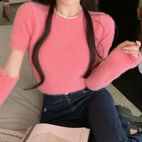 2022 spring knitted sweater women design casual outwear chic pink crop tops female long sleeve korean style slim fashionpullover