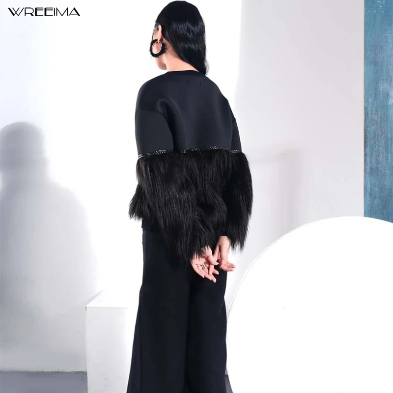 Wreeima/черные толстовки из клееного меха в стиле панк с бусинами 2019 женский