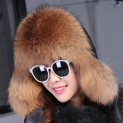 Шапка бомбер женская из натурального Лисьего меха теплая зимняя шапка роскошный