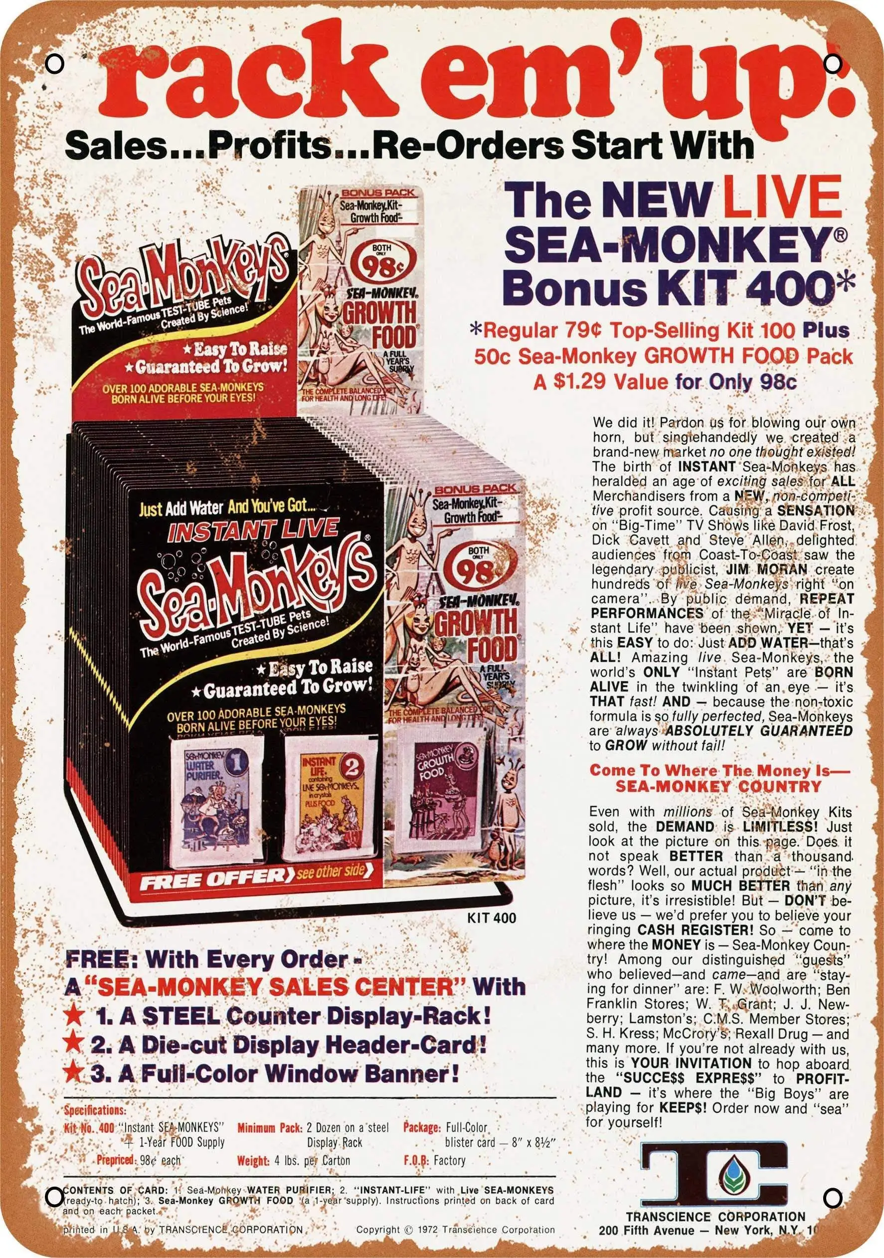 

SLALL 1972 Sell Sea-Monkey Kits Profits Retro Street Sign Household Metal Tin Sign Bar Cafe Car Motorcycle Garage Decoration