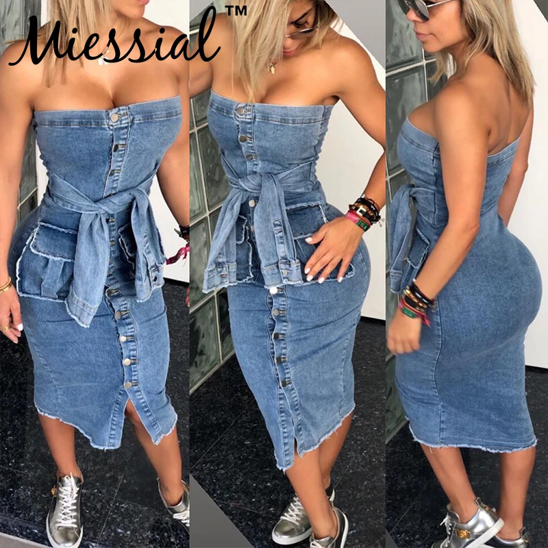 Miessial облегающее джинсовое платье с открытыми плечами, Женское зимнее элегантное платье размера плюс, синее платье миди, вечерние платья для ночного клуба, джинсовое платье без рукавов