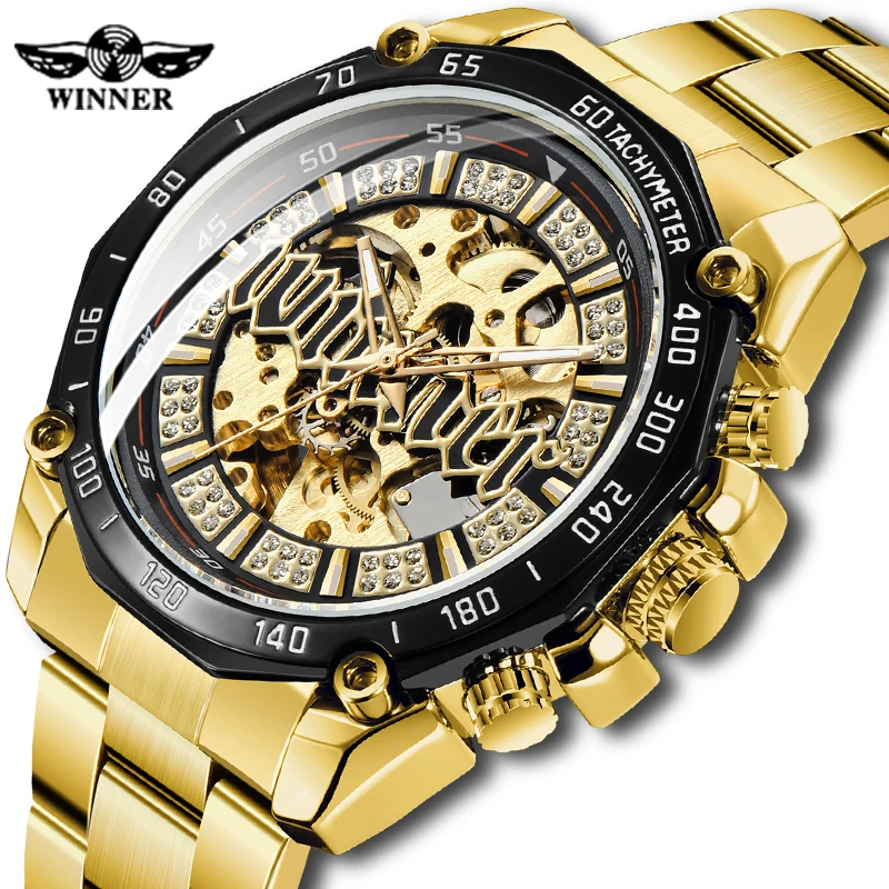 Победитель прозрачный золотой нержавеющей стали Скелет часы Топ люксовый бренд