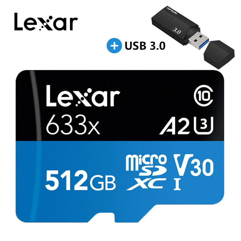 Карта памяти micro sd Lexar 512 ГБ, micro sd карта 128 ГБ, 256 ГБ, высокая скорость до 95 м/с, класс 10 633x, micro sd, TF карта, флеш-карта - Емкость: 512GB and reader