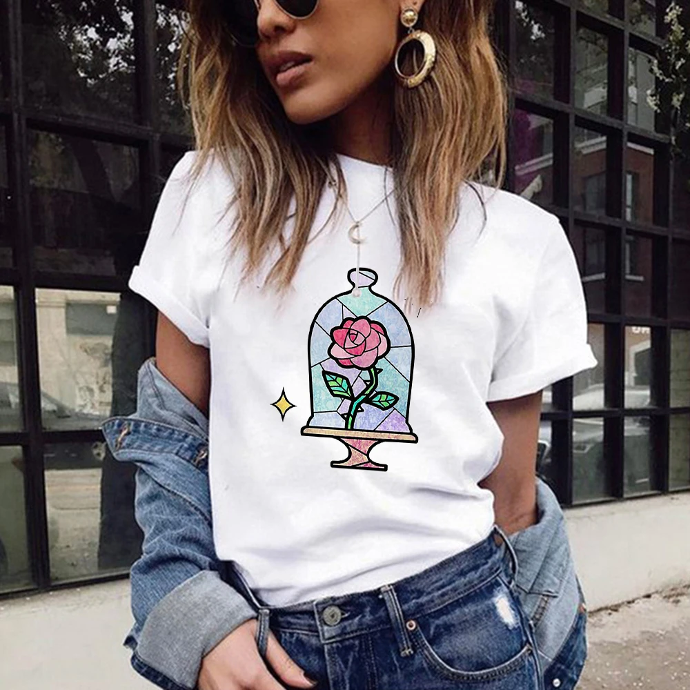 

Disney Summer Clothes Casual Women Tee Hip Hop O-Neck Streetwear Beauty And The Beast Rose Print Comfort T Shirt Cute T-shirt