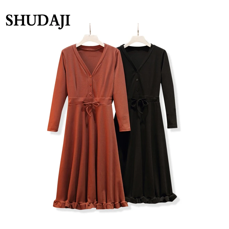 Женское платье свитер с V образным вырезом и длинным рукавом|Женские платья| |