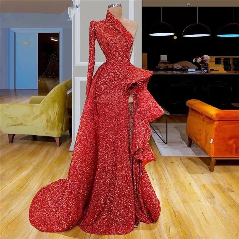 

Dubai Arabic Red Mermaid Evening Dresses High Side Split One Shoulder Party Gowns Turkish Vestidos Gowns Dress Evening Wear