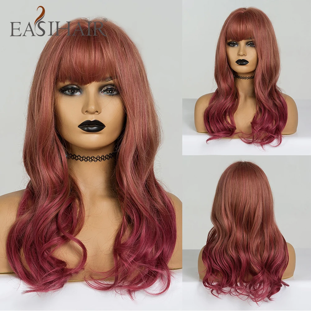 

EASIHAIR Medium Dark Red Ombre Wave Wigs with Bangs Synthetic Wigs for Black Women Afro Wavy Cosplay Wig Heat Resistant