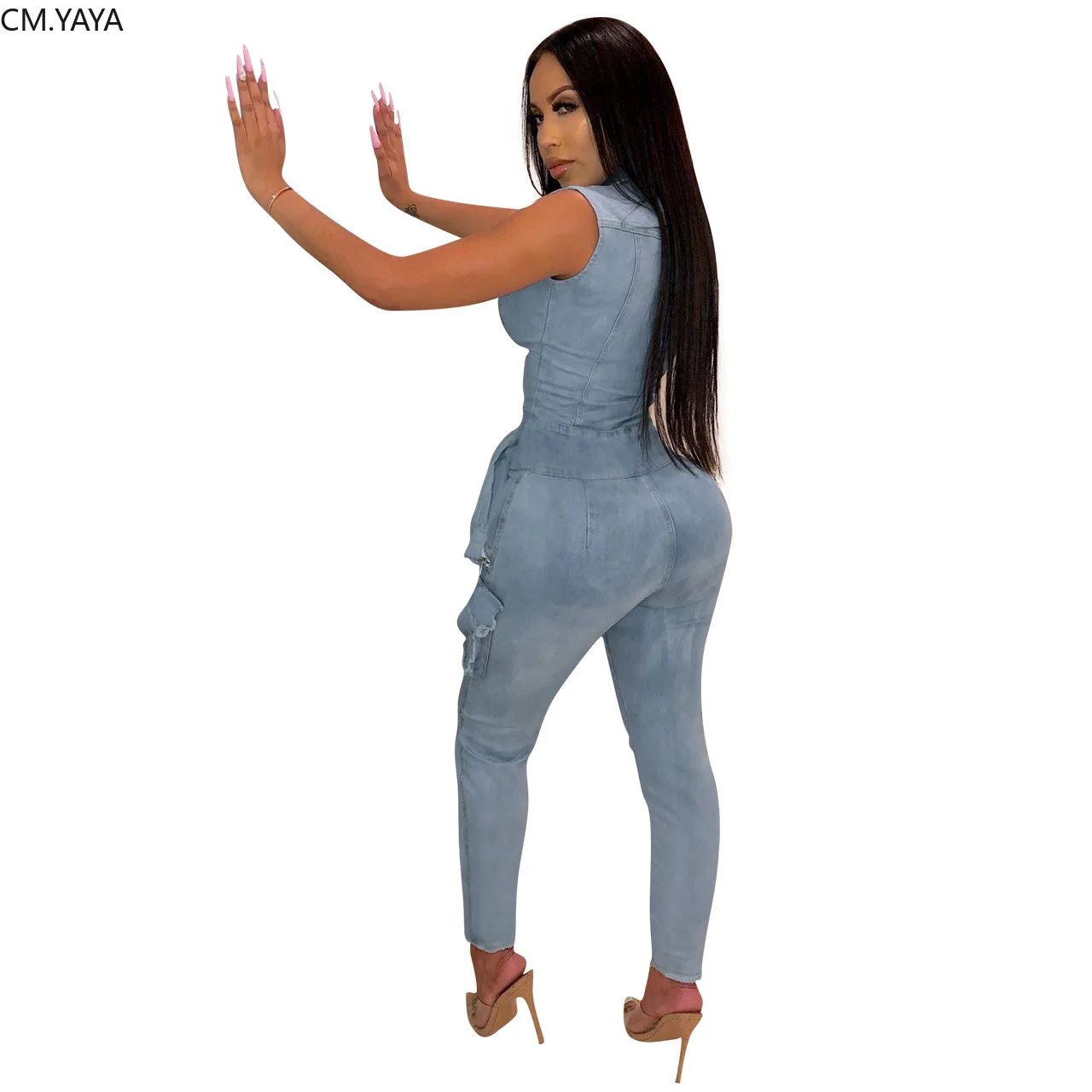 women button up sleeveless with pocket sleeve sashes safari denim jumpsuit classic fashion jeans romper playsuit 2 color GLQ314 | Женская