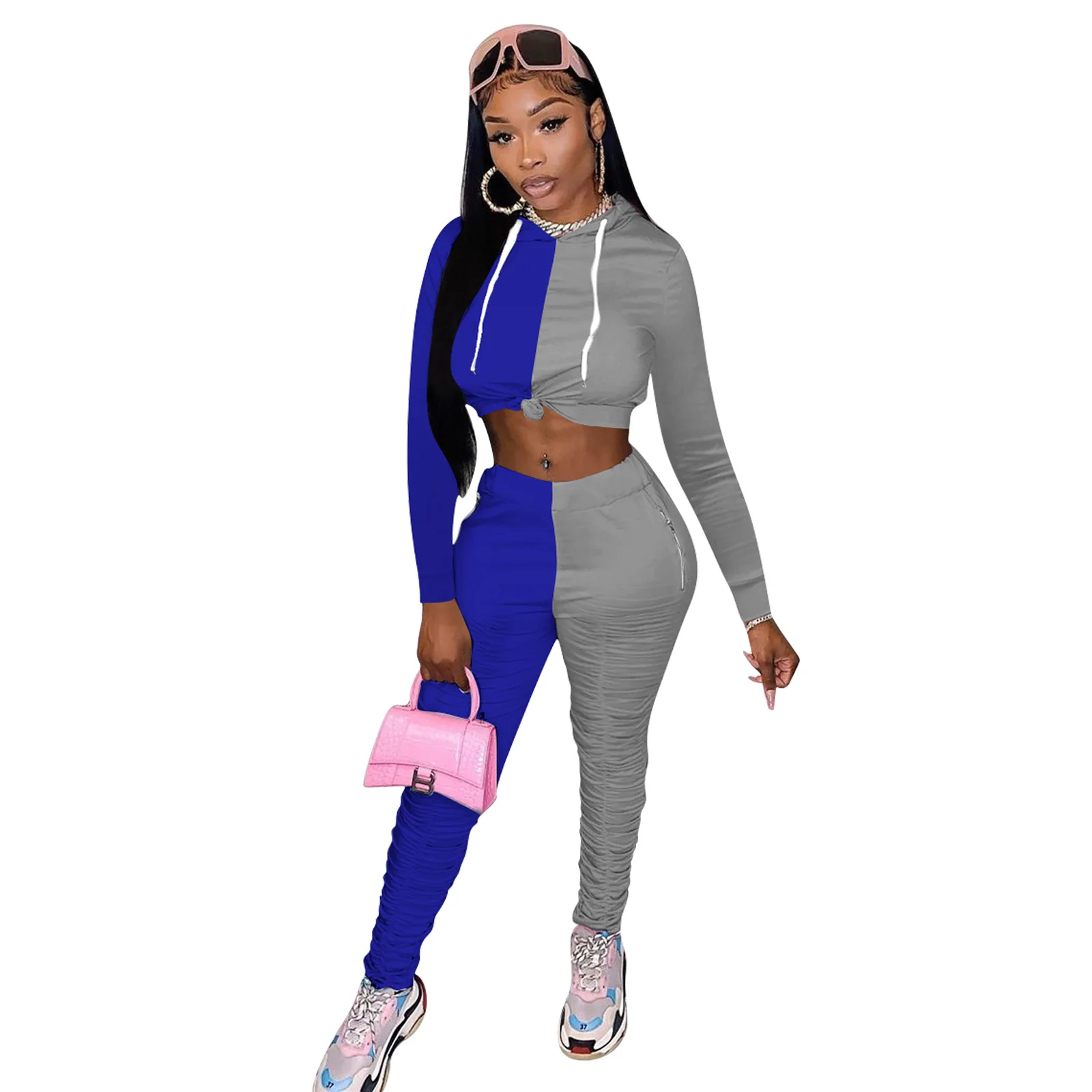 

American autumn and winter women's color matching long sleeve hooded sports pants suit two piece set with 2 zipper pockets