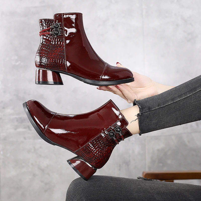 

TOACEK Women Boots 2021 New Woman Short Boots Soft Patent Genuine Leather Autumn/Winter Shoes Square Heels Female Footware