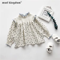 mudkingdom girl floral blouses long sleeve lace collar elastic pleated baby shirt for toddler drop shoulder spring autumn tops