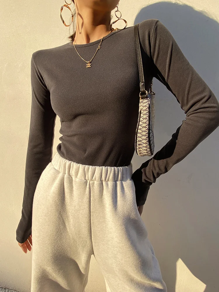 

Женская осенне-зимняя Базовая бархатная обтягивающая футболка, плотный Топ, утепленные эластичные футболки с длинным рукавом, привлекател...