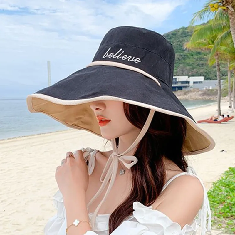 

SILOQIN 2021 Summer Women's Cotton Bucket Hats Oversized Brim Sun Protection Anti-UV Beach Hat Foldable Elegant Lady Travel Cap