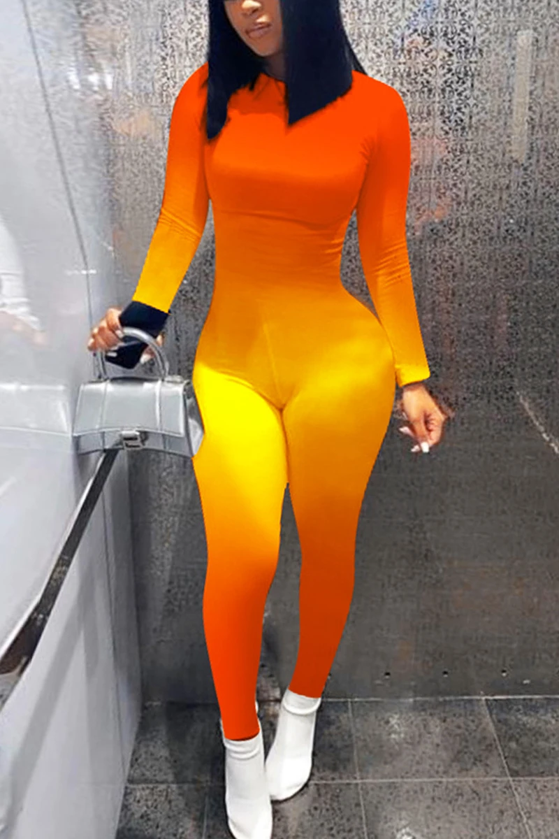 

Fashion Cool Women's Gradient Multicolor Jumpsuit Round Neck Long Sleeve Bodysuit Autumn Winter Streetwear Dating