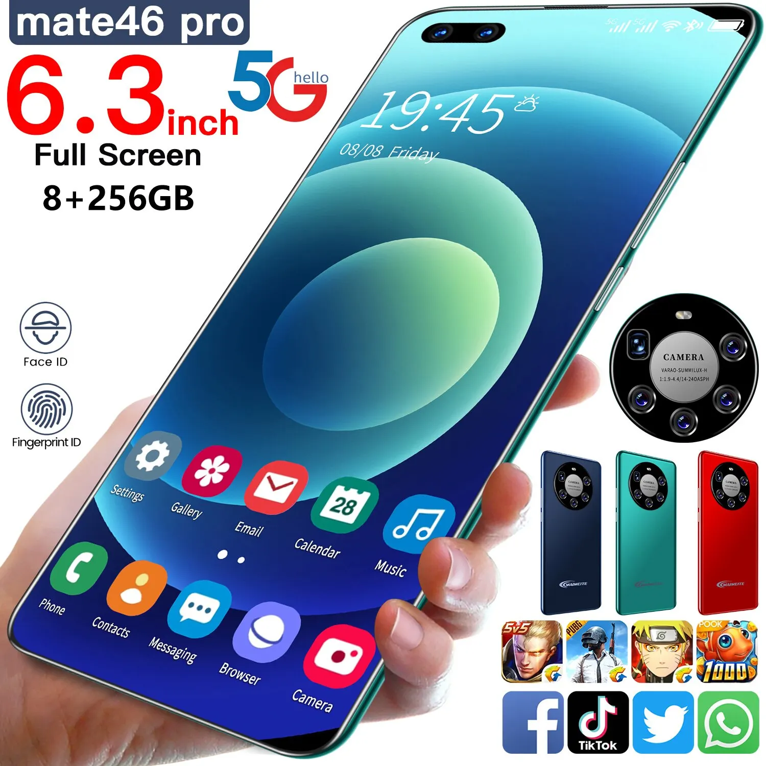 

Mate46 Pro 8+256gb 6.3In Full Screen Push-Button Deca Core 4g lTE 5g Smart Phone MTK6889 32+48Mp 5600mAh Global Cell Phones