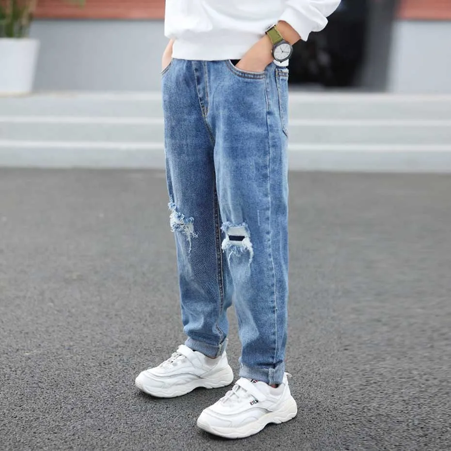 Джинсы с дырками для мальчиков модные штаны эластичным поясом повседневные