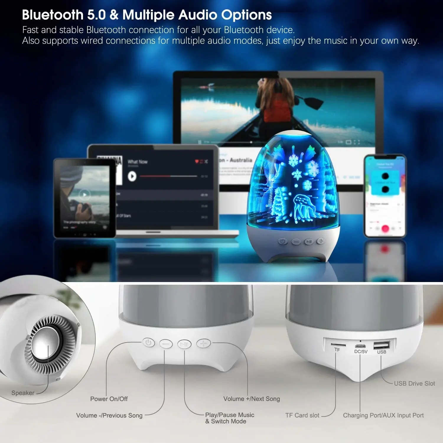 

Portable Night Light Bluetooth Speaker 3D Glass Bedside Table Lamp Color LED Night Lamp Touch Control Rechargeable