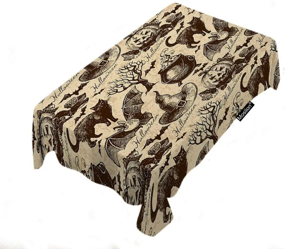 Прямоугольная скатерть в винтажном стиле с рисунком животных кота тыквы совы