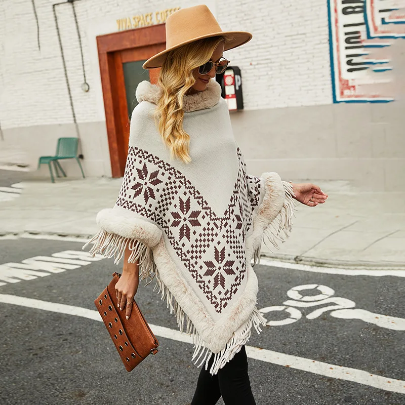 

Fashion Womens Cloak Shawl Sweater New Autumn Casual Hot Sale Furry Turtleneck Pullover Tassel Beading Knitted Sweater