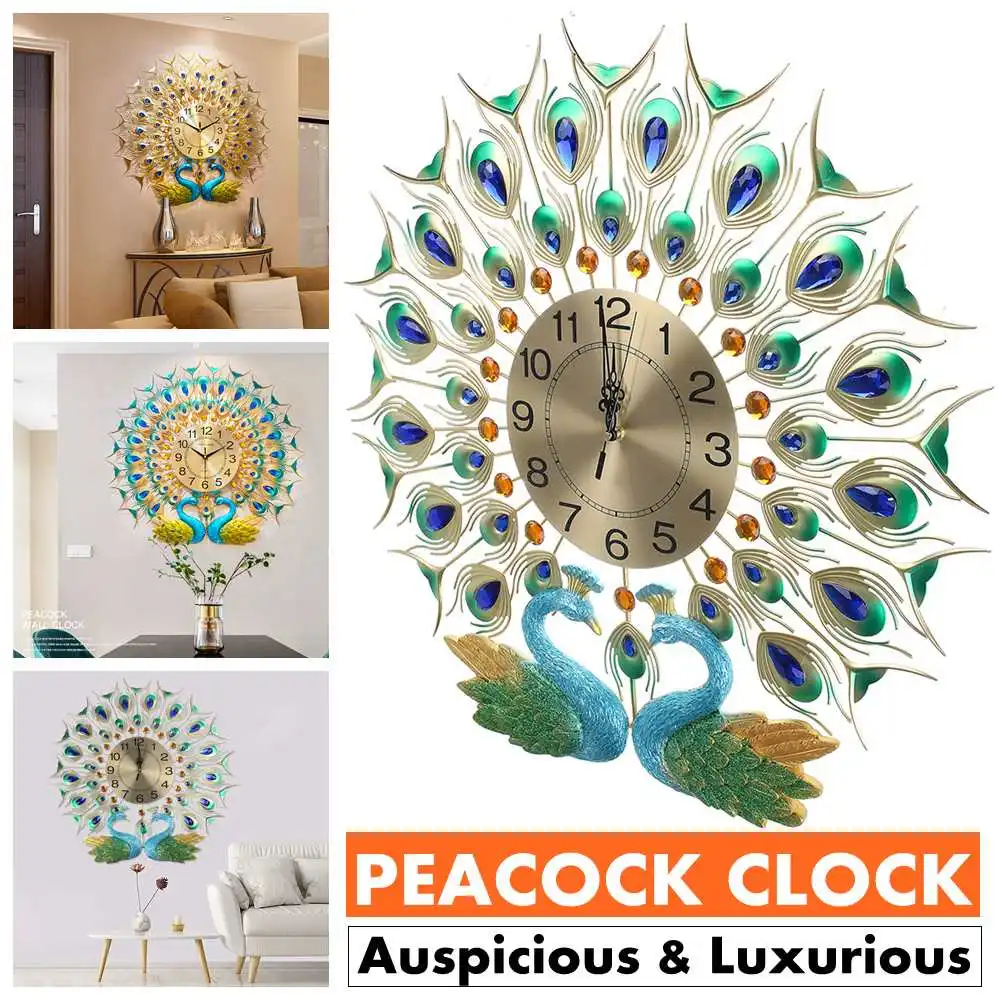 

Large 3D Diamond Crystal Quartz Peacock Wall Clocks 60cm European Modern Home Living Room Decor Silent Wall Clock Fast shipping