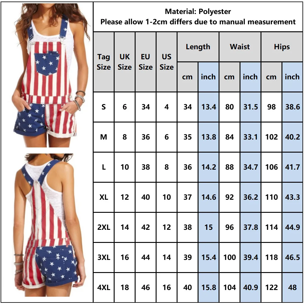 

4th of July Women's American Flag Print Loose Overalls Bib Short Overalls Jumpsuits with Pocket Independence Day Rompers 4XL D30