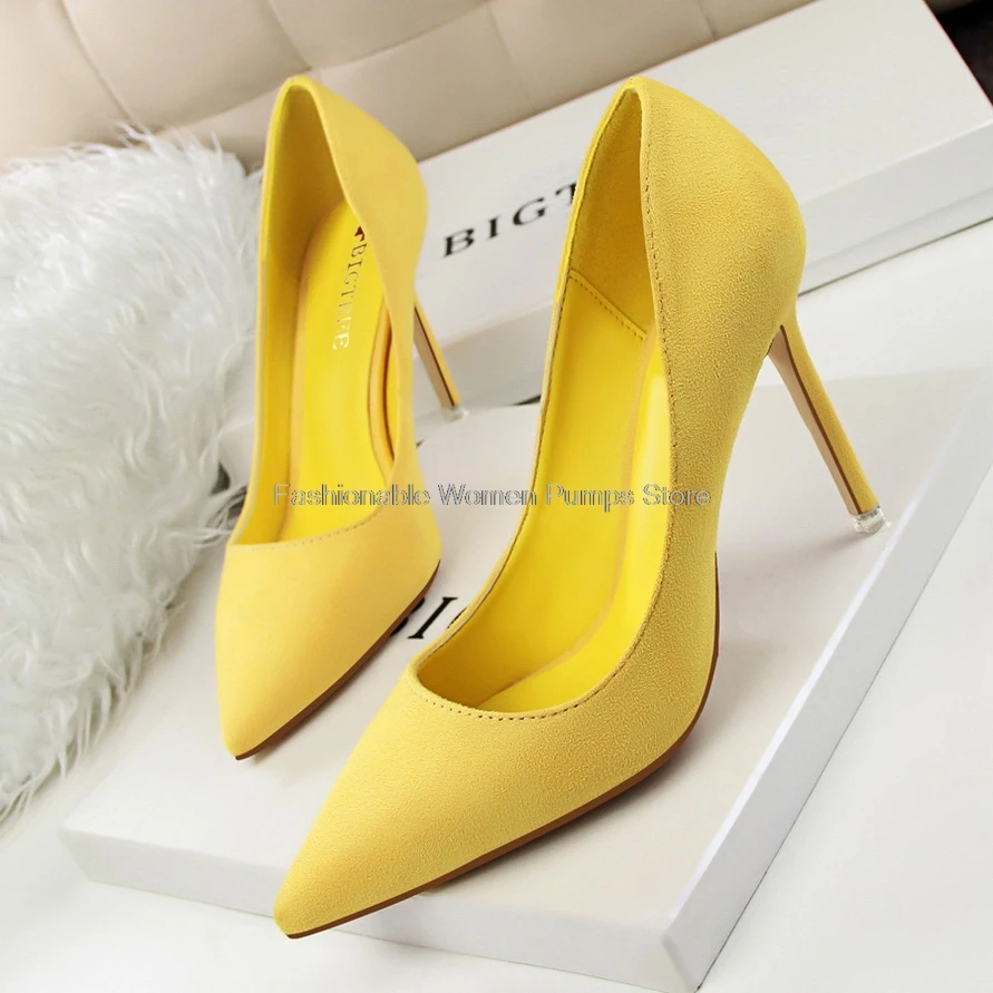 

OL shoes Bigtree women pumps flock pointed toe 9cm thin high heels flock shallow stilettos office ladies shoes 34-43dropshipping
