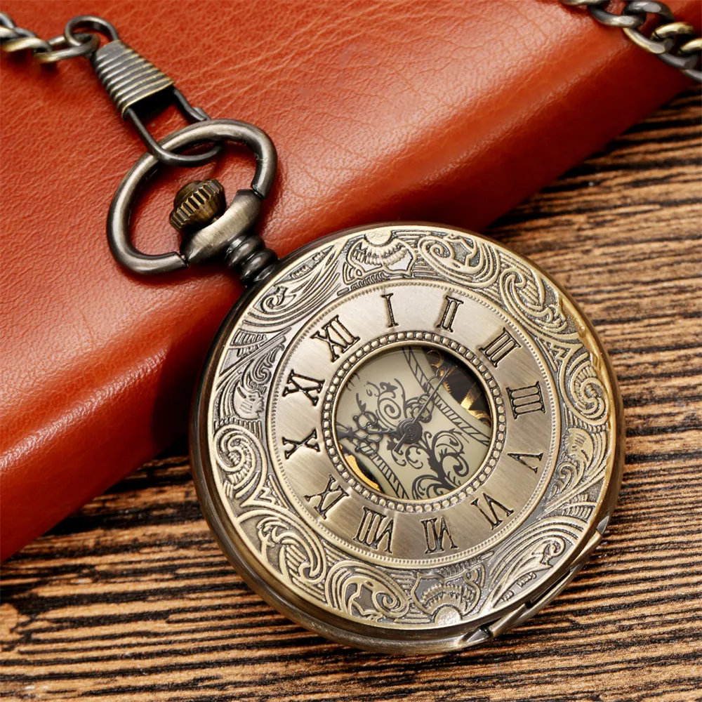 Elegant Flower Roman Numerals Mechanical Hand Winding Pocket Watch Retro Bronze Male Pocket Pendant Manual Mechanism Timepiece