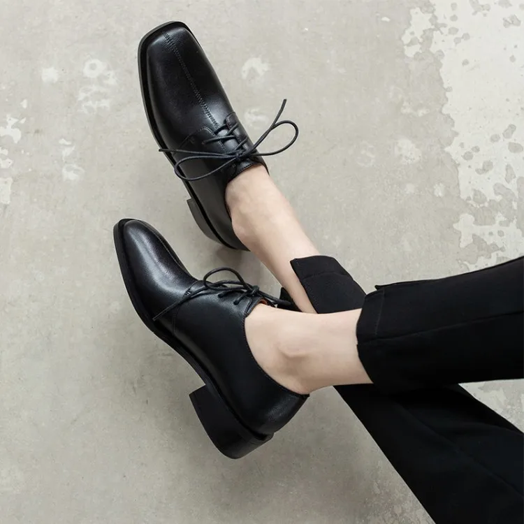 

MLJUESE 2021 Women Pumps Soft Cow leather Autumn Spring Brown color Lace up Square toe High heels pumps size 34-40