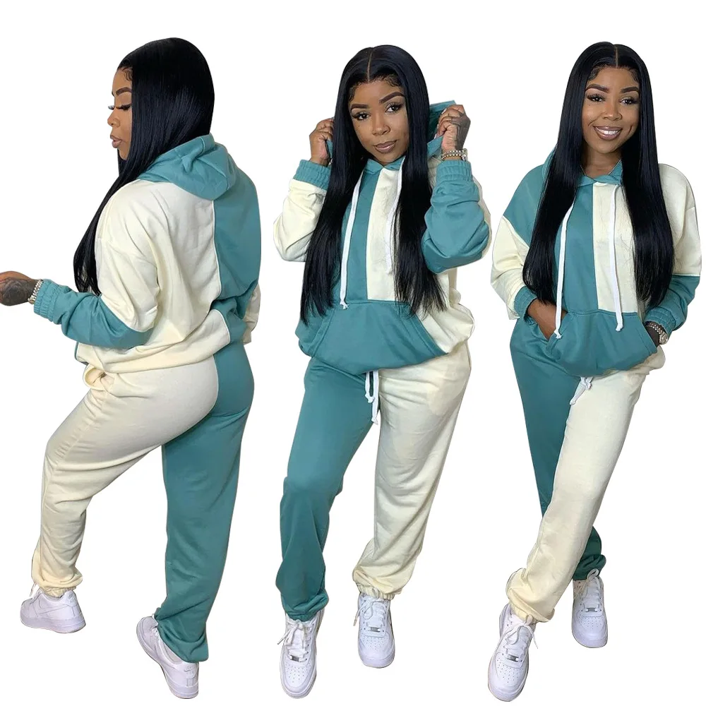 

Globle Autumn Long Sleeve Two Piece Sets Women Tracksuits Hooded Sweater Patchwork Elastic Pant Suits Wholesale Dropshipping