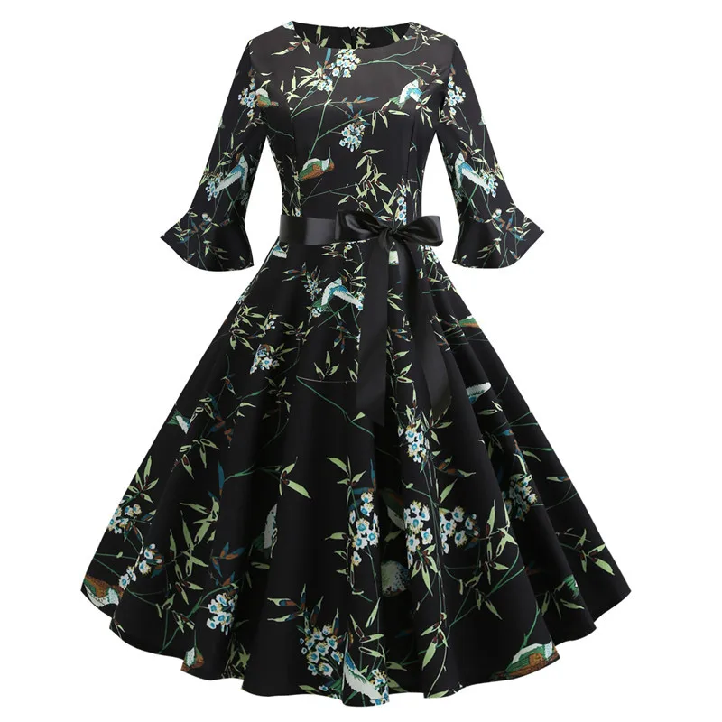 Floral Print Vintage Women Summer Dresses 2021 Robe Pinup Swing Petal Sleeve O-Neck Rockabilly Party Dress A-Line Casual Vestido | Женская