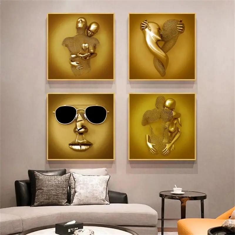 

Abstract Golden Metal Figure Canvas Painting Wall Pictures Love Couple Posters Prints Kiss Hug Wall Art for Living Room Decor