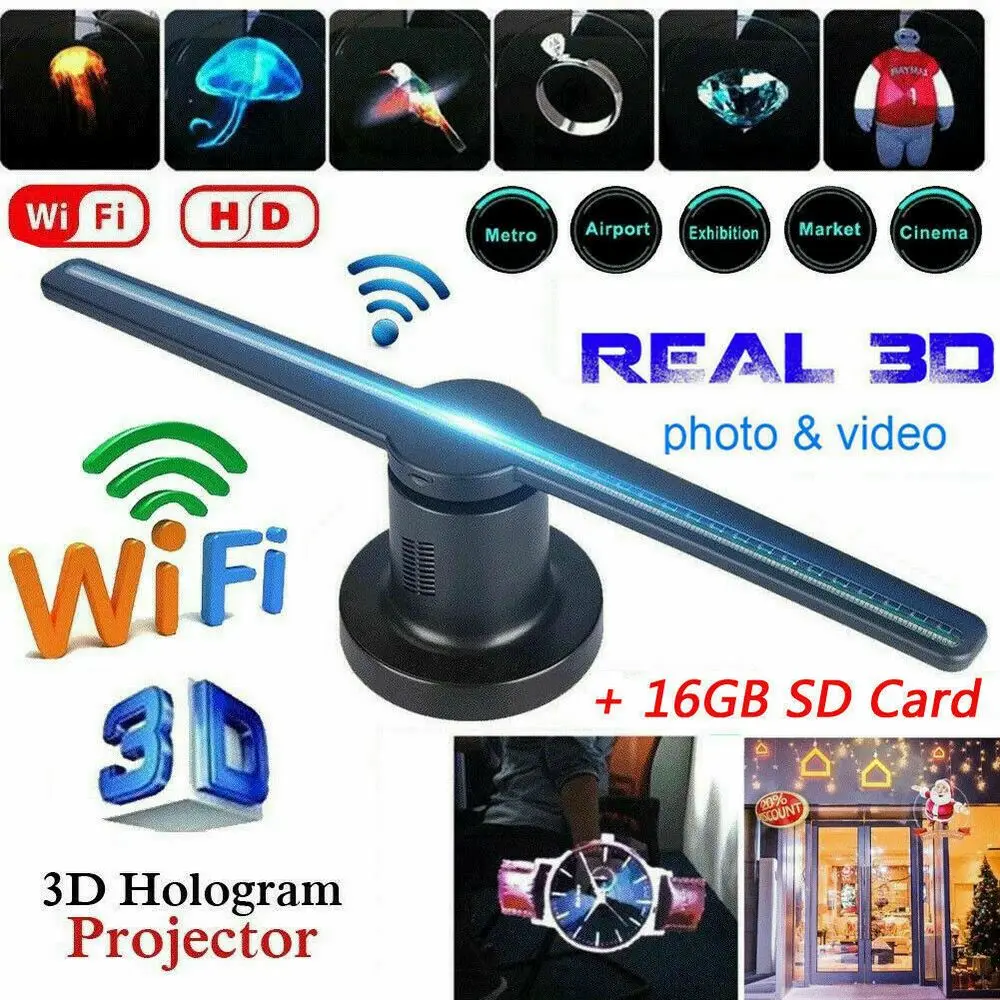 Wifi 3D Hologram Projector Fan LED Holographic Imaging Display Lamp 3D Remote Advertising Projection Display Light With 16G TF