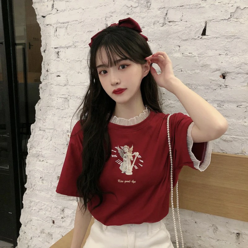 

YTX294 2021 new casual mesh stitching fake two-piece printed T-shirt top