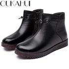 Женские ботильоны из натуральной кожи OUKAHUI, черные ботинки на низком каблуке, с мягкой нескользящей подошвой и круглым носком, теплые плюшевые ботинки на плоской подошве, для зимы