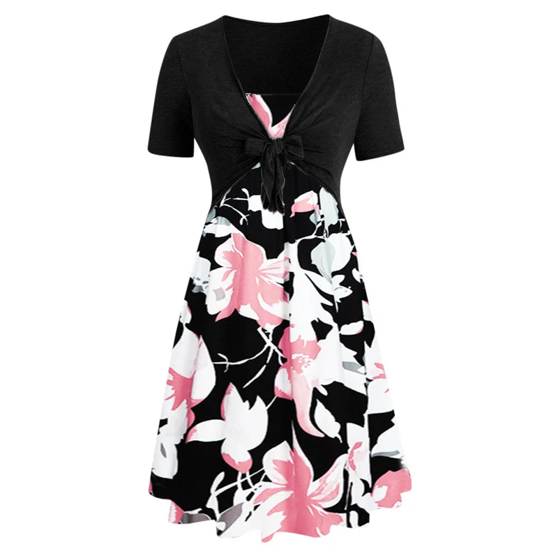 

Maternity Dress V-neck Twist Short Sleeve Pprinted Irregular Dress Two Piece Set
