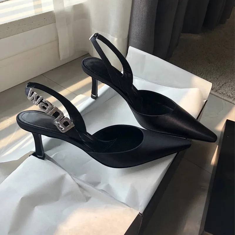 

Women's shoes high heels open shoes summer rhinestone letter Baotou word belt sandals female stiletto sexy satin women's shoes