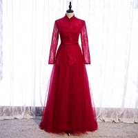 bespoke occasion dresses illusion high full lace tulle luxury red embroidery floor length elegant lady formal evening gown hb117