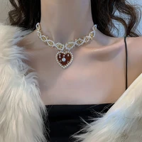 mengjiqiao vintage style red heart necklace for women girls elegant pearl choker party jewelry kolye gifts