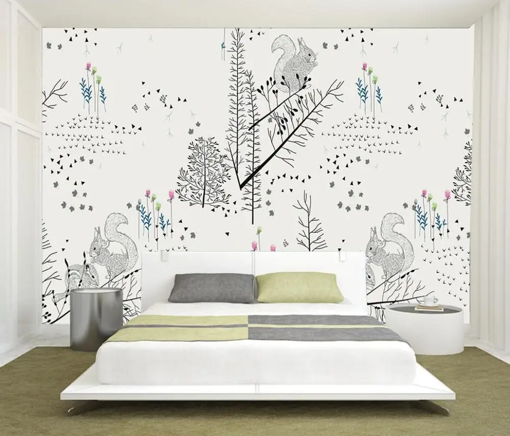 

Drop Shipping Custom Wallpaper Black And White Branch Squirrel Background Walls Home Decoration Living Room Bedroom 3d Wallpaper
