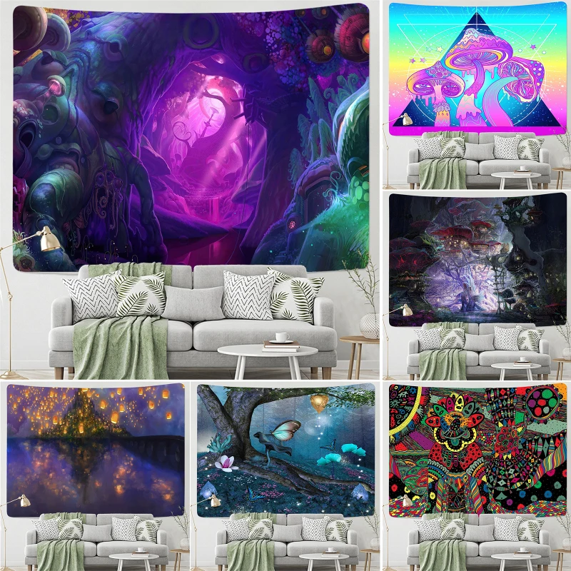 

Fuwatacchi Fantasy Mushroom Forest Castle Tapestry Fairytale Colorful Butterfly Elves Wall Hanging Tapestry For Home Decor