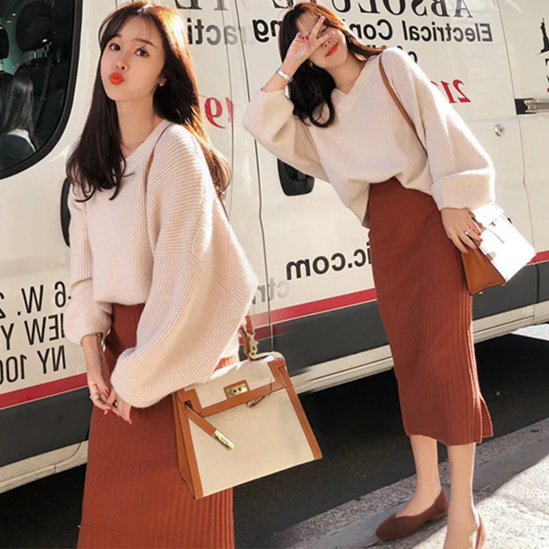 

Hot Woman Autumn Knit Two Pieces Suit Solid Female Casual Sweater Pencil Skirt Sets Winter Warm Knitted Two Pieces Suits Woman
