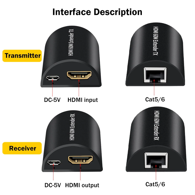 HD 1080P 60hz HDMI Extender 60M 30M 50M Extension Over CAT5e Cat6 UTP LAN RJ45 Ethernet Cable Audio Video Converter Laptop To TV |