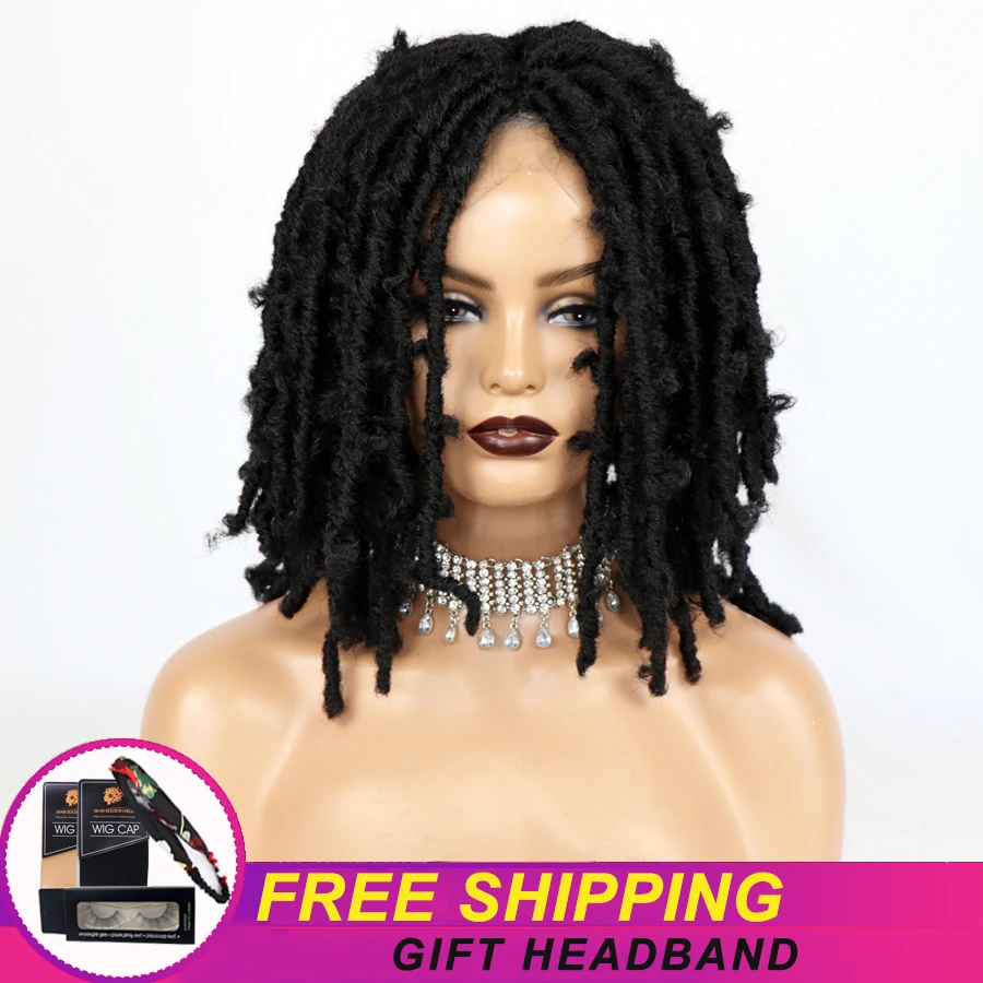 Black Braided Dreadlock Wigs Short Synthetic Hair Lace Front Wigs Faux Locs Crochet Twist Hair Braids Wigs For Afro Black Women