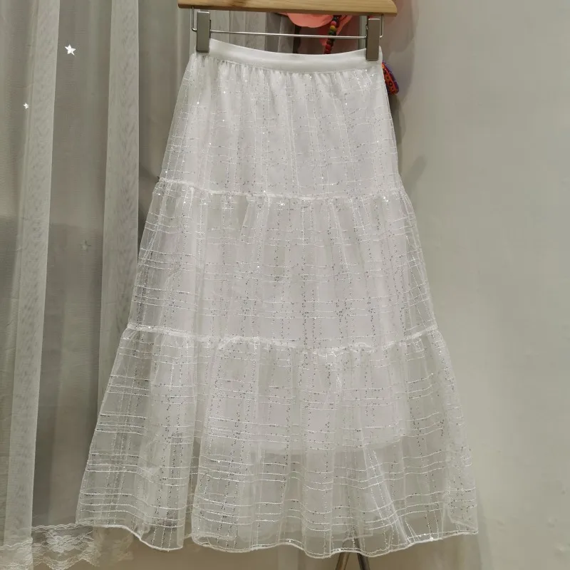 

TVVOVVIN 2021 New Stylish Sequin Elastic High Waist A-line Mesh Skirt Elegant Female Sweet Mid-length Skirt WJ82